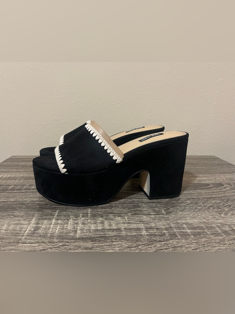Nine West Black Platform Slide Mules with White Trim